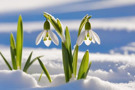 First flowers. Spring snowdrops bloom in the snow