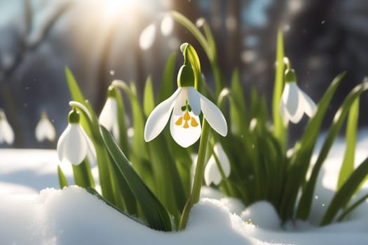 Beautiful first flowers snowdrops in spring forest. Tender spring flowers snowdrops harbingers of warming symbolize the arrival of spring. Scenic view of the spring forest with blooming flowers.