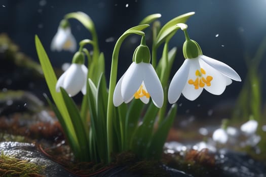 Beautiful first flowers snowdrops in spring forest. Tender spring flowers snowdrops harbingers of warming symbolize the arrival of spring. Scenic view of the spring forest with blooming flowers.