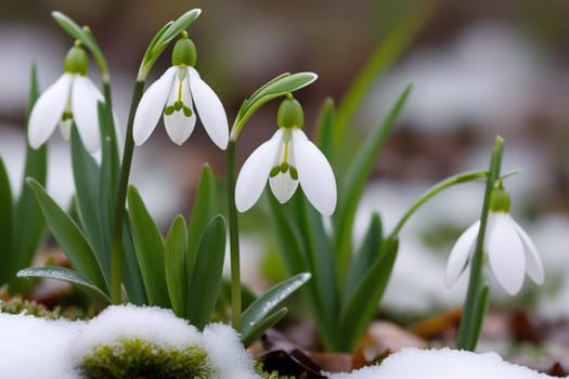 Beautiful first flowers snowdrops in spring forest. Tender spring flowers snowdrops harbingers of warming symbolize the arrival of spring. Scenic view of the spring forest with blooming flowers.