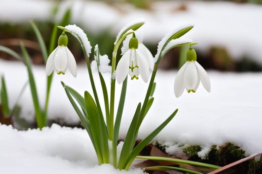 First flowers. Spring snowdrops bloom in the snow