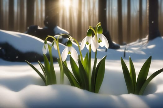 Beautiful first snowdrop flowers in the spring forest. Delicate spring flowers, snowdrops, are harbingers of warming and symbolize the arrival of spring. Scenic view of a spring forest with blooming flowers.