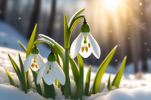 Spring snowdrop flowers with water drops in spring forest.