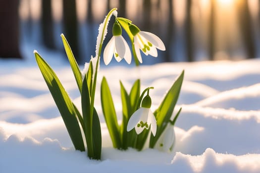 Beautiful first flowers snowdrops in spring forest. Tender spring flowers snowdrops harbingers of warming symbolize the arrival of spring. Scenic view of the spring forest with blooming flowers.