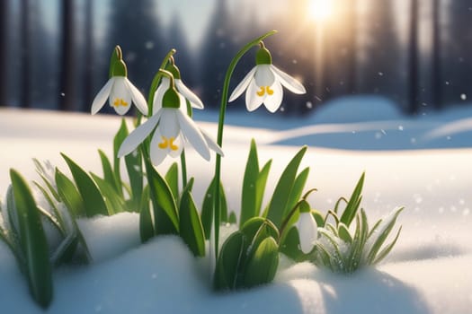 Spring snowdrop flowers with water drops in spring forest.