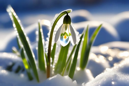 Spring snowdrop flowers with water drops in spring forest.