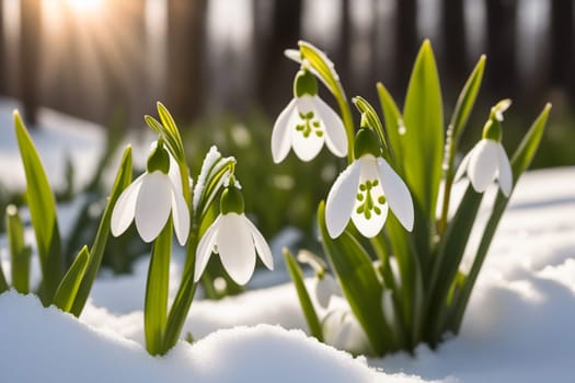 Beautiful first flowers snowdrops in spring forest. Tender spring flowers snowdrops harbingers of warming symbolize the arrival of spring. Scenic view of the spring forest with blooming flowers.