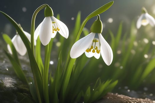 Beautiful first flowers snowdrops in spring forest. Tender spring flowers snowdrops harbingers of warming symbolize the arrival of spring. Scenic view of the spring forest with blooming flowers.