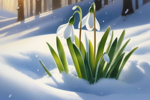 Spring Snowdrop Flowers with Water Drops in Spring Forest on Blue Background of Sun and Blurred Bokeh Lights. Copy Space for your text