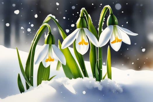 Snowdrop flowers in the snow. Primroses in the forest on a sunny day. Postcard for the March holidays