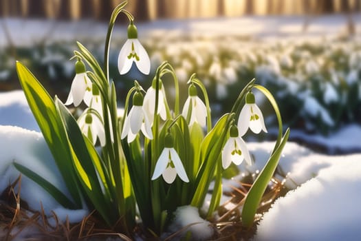 Beautiful first flowers snowdrops in spring forest. Tender spring flowers snowdrops harbingers of warming symbolize the arrival of spring. Scenic view of the spring forest with blooming flowers.