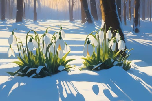 Beautiful first snowdrop flowers in the spring forest. Delicate spring flowers, snowdrops, are harbingers of warming and symbolize the arrival of spring. Scenic view of a spring forest with blooming flowers.