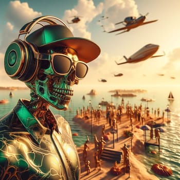 metallic alien dj with human skull, wearing glasses earphone dj of beach party in tropical island generative ai art