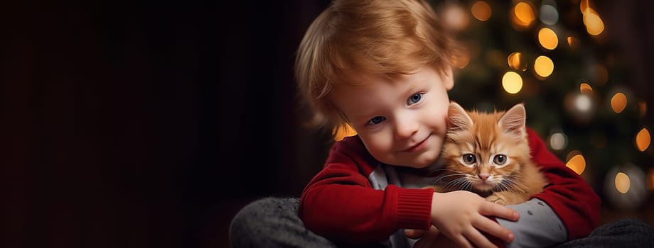 small cute boy with red hair smiles and hugs orange cat in his arms next to a Christmas tree, the concept of wonderful friendship with four legged pet, filled with tenderness and love, Generative AI