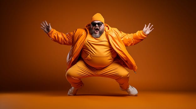 A plump, bearded man in an orange suit and hat, wearing sunglasses, full body poses energetically against an orange background.