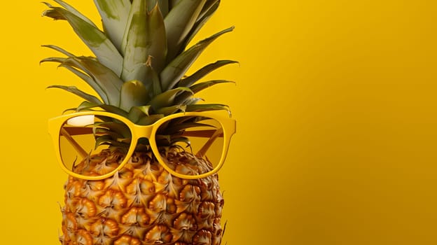 Pineapple wearing sunglasses, tropical summer concept with vibrant yellow backdrop.