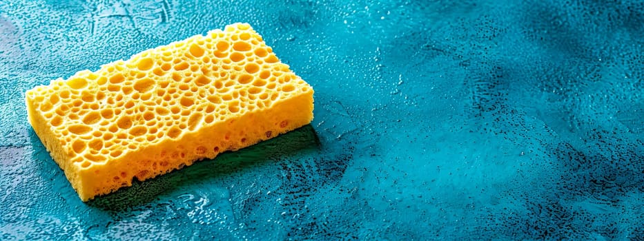 yellow cleaning sponge on a wet blue surface, highlighting the contrast in textures and the vibrant colors, banner with copy space
