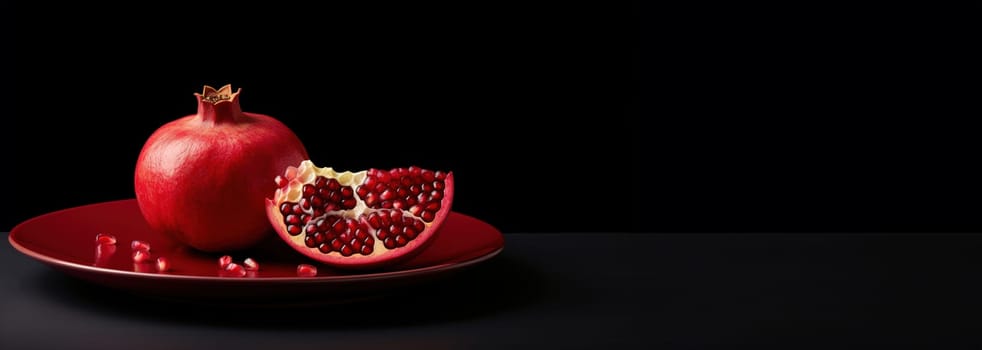 open ripe pomegranate on a black background on a plate, pomegranate delight, the fruit contains iron and other beneficial microelements, Generated AI