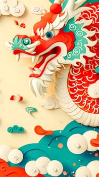 Chinese dragon in bold red and white colors, emerging from rolling teal waves with stylized clouds, against a soft beige background, vertical 3D