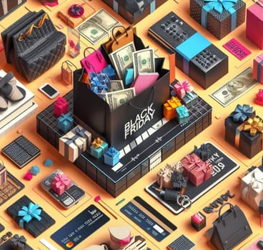 Isometric illustration of luxury items, gadgets and gifts associated with Black Friday deals, ai generated