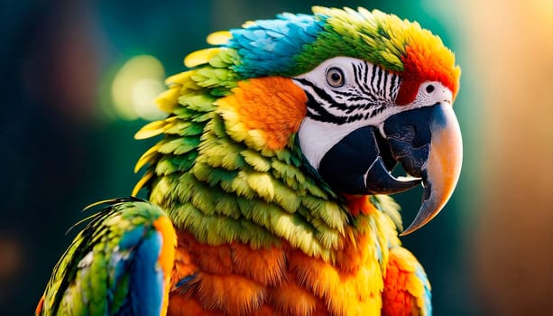 Close-up of a parrot with colorful feathers. Generative AI. High quality photo