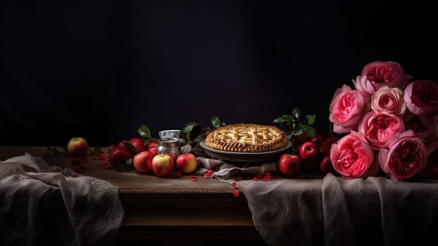 still life with homemade apple pie on a wooden table, ripe apples and a bouquet of luxurious pink peonies are scattered around, Generated AI