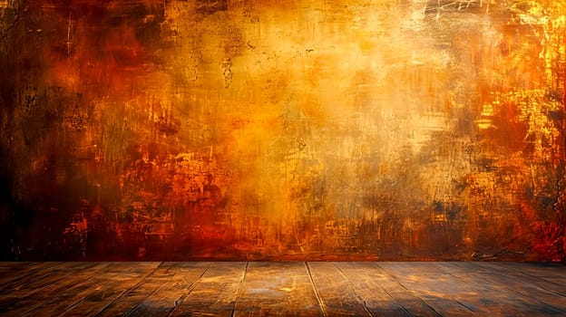 abstract painting in rich gold and burnt orange tones, creating an impression of warmth and depth, against a dark wooden floor, suitable for a sophisticated backdrop or artistic display