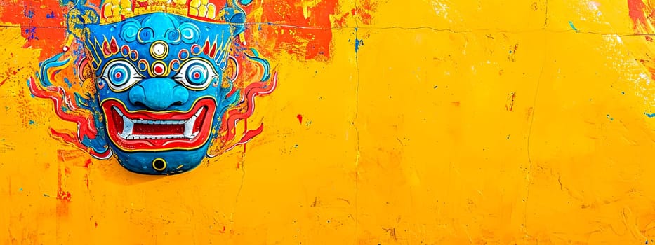 A Tibetan mask with intricate designs and vivid colors stands out against a stark yellow painted wall, creating a striking contrast, banner with copy space