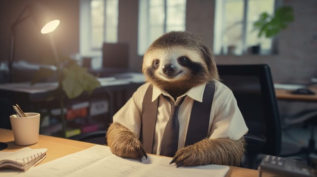 Animal sloth in a suit at a desk in the office, blurred background AI