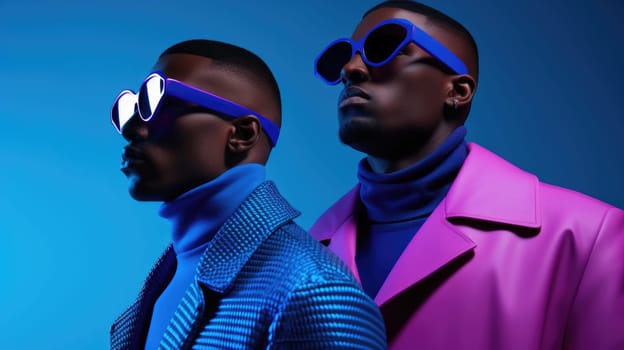 Young handsome models posing in a studio in a trendy neon light. Black two man, futuristic high fashion shoot in galagram colors AI