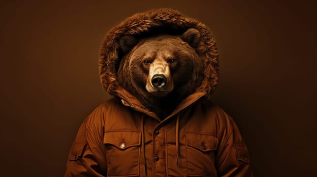 Grizzly Brown hipster bear in a coat on a brown background. AI