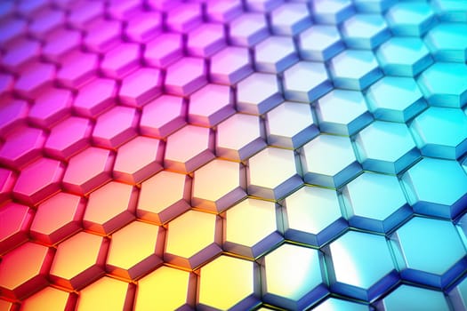 Gradient honeycomb pattern illuminated with vibrant colors. Ideal for backgrounds, wallpapers, and abstract designs