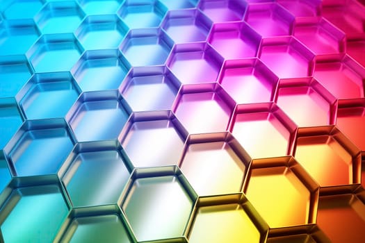 Metallic honeycomb pattern illuminated with vibrant gradient colors abstract background