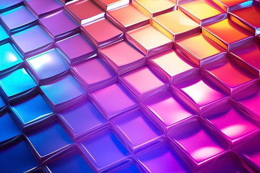 Array of 3D cubes illuminated with vibrant gradients of blue, pink, and orange lights creating a mesmerizing pattern and texture. Ideal for backgrounds, wallpapers or abstract designs