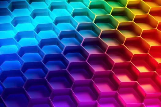 Honeycomb pattern illuminated with vibrant gradient colors abstract background