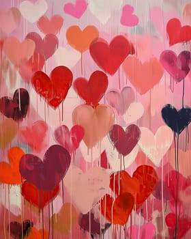 A vibrant abstract painting featuring various shades of red and pink hearts against a soft textured background. Perfect for themes of love, romance, and Valentine’s Day