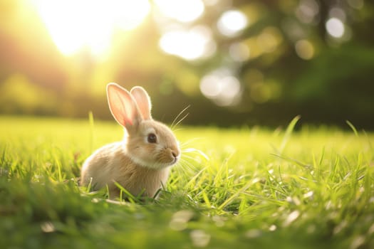 bunny with large, attentive ears, basking in the golden hour sunlight amidst a lush green field