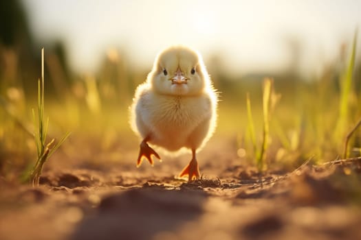 Cute fluffy yellow chick outdoors in grass