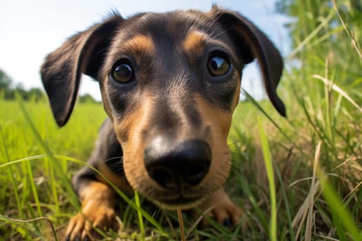 Young dachshund puppy lying in a sunlit field, surrounded by nature