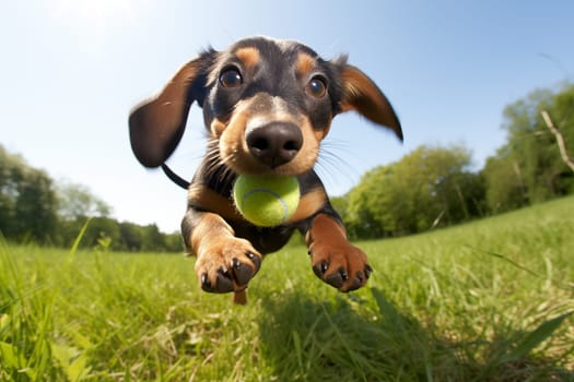 Dachshund puppy with big, expressive eyes playing with ball in green, grassy outdoor environment on a sunny day