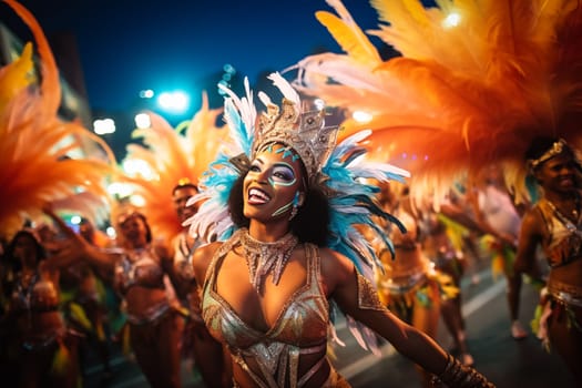 Captivating image capturing the essence of the Rio Carnival, showcasing a dancer adorned in an elaborate, vibrant costume, embodying the spirit and energy of this iconic festival