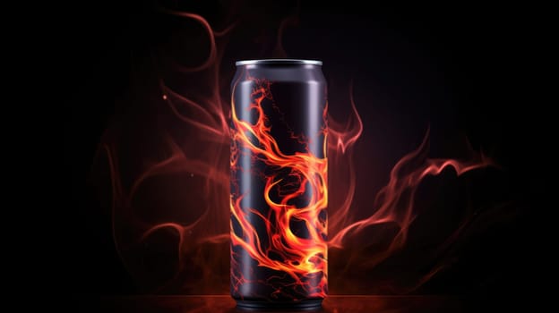 Can of energy drink mockup, fire on the black background AI