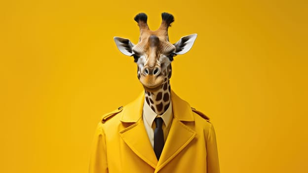 Giraffe in a coat on a yellow background AI