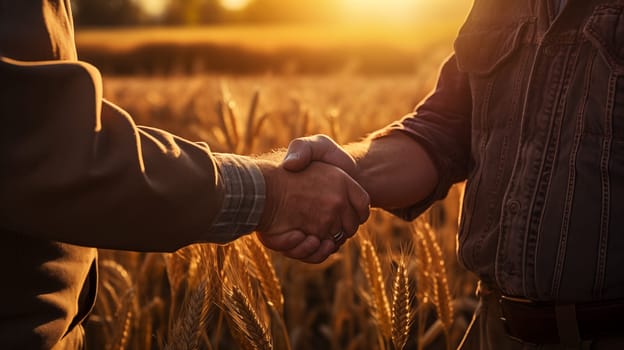 Handshake of two farmers against the backdrop of a field with golden wheat. Close up