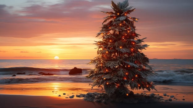 Christmas tree made of palm leaves on the beach at sunset with waves and bright sky.