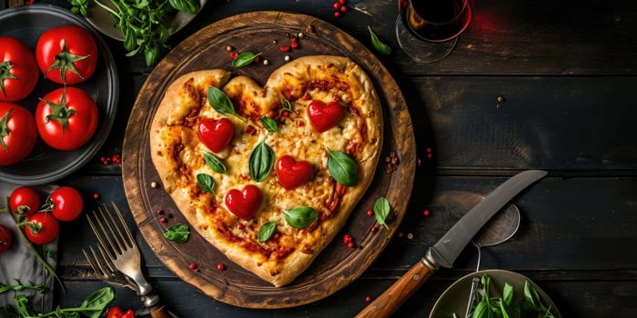 Heart shaped pizza for Valentines day on dark rustic wooden background pragma