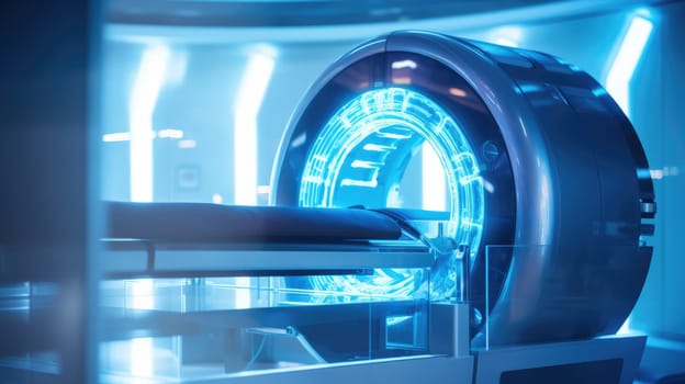 MRI machine, blurred medical background. Medical computed tomography or PET in the laboratory of a modern hospital. AI