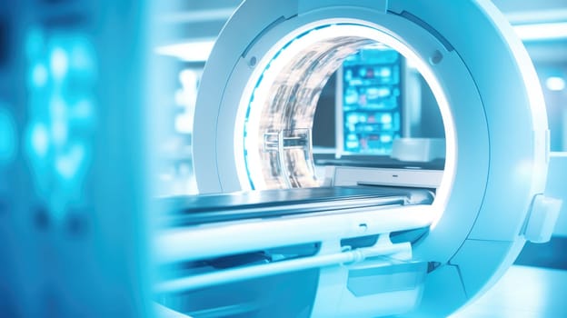 MRI machine, blurred medical background. Medical computed tomography or PET in the laboratory of a modern hospital. AI