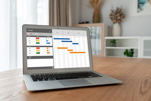 Project planning software for modish business project management on the computer screen showing timeline chart of the team project