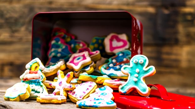 Tasty homemade Christmas cookies on wooden table